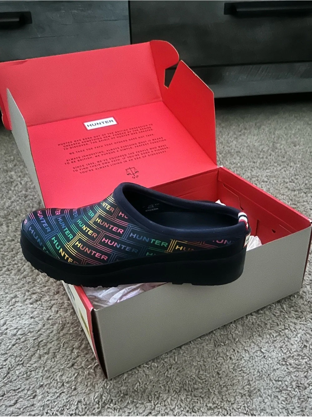 Hunter Women Navy Clog with Rainbow Logo Print